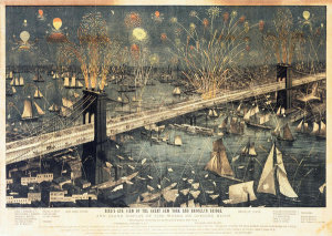 Artist unknown - Bird's Eye View of the Great New York and Brooklyn Bridge and Grand Display of Fireworks on Opening Night, 1883