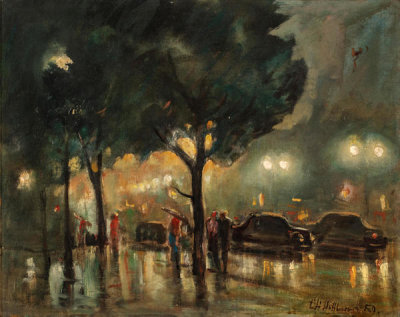 Charles Hoffbauer - A Rainy Night in New York, 1950
