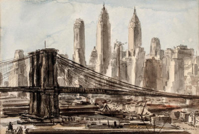 Reginald Marsh - Manhattan Skyline with Brooklyn Bridge, 1940